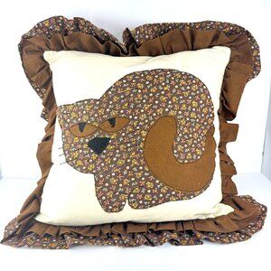 Vintage Handmade Cat Appliqué Throw Pillow Brown Floral Ruffle Edge 18x18